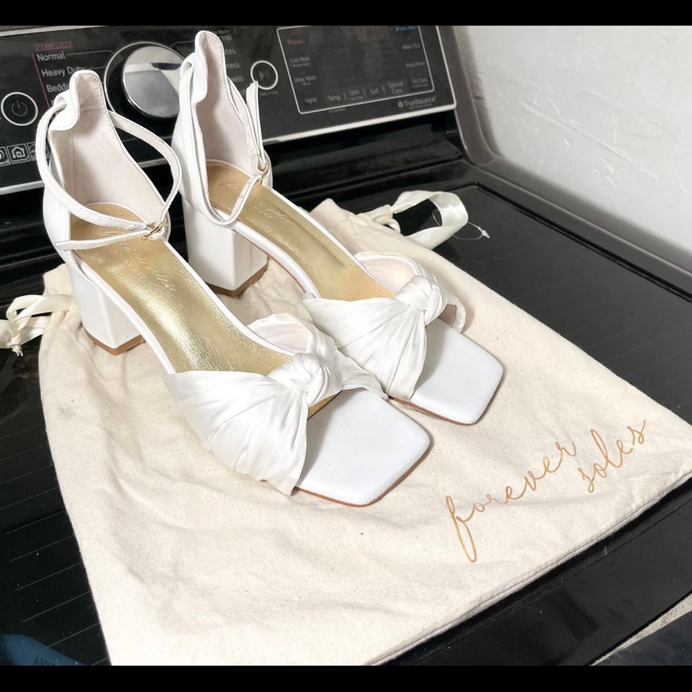 Forever soles white satin square toe heels. 
Genuine leather